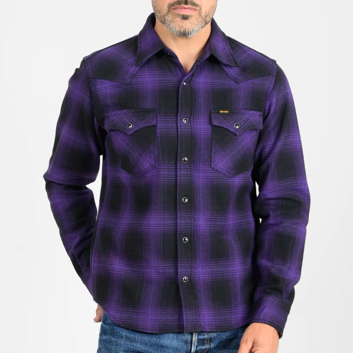 IHSH-264-PUR Heavy Flannel Ombré Check Western Shirt Purple