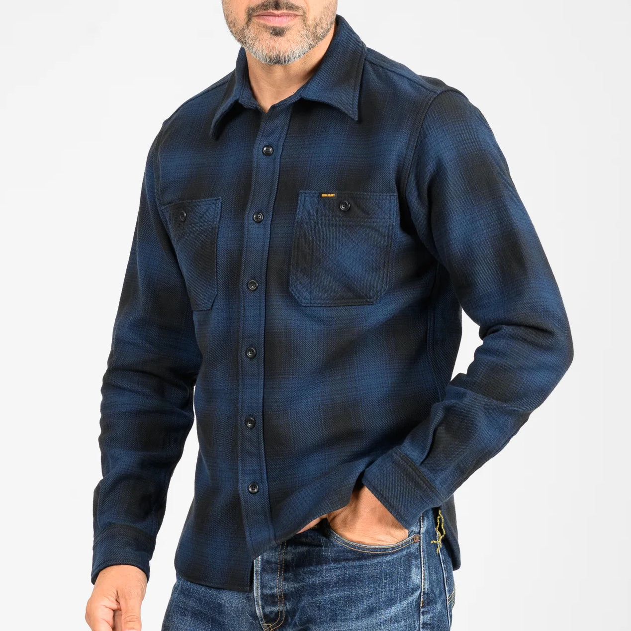 IHSH-265-NAV Heavy Flannel Ombré Check Work Shirt Navy