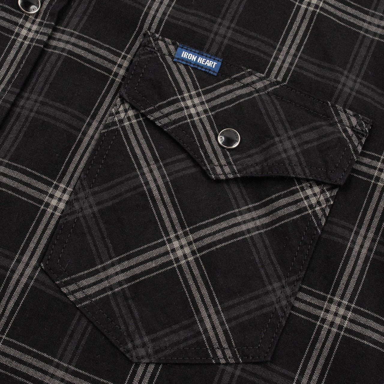 IHSH-418-BLK 5 oz. Selvedge Short Sleeved Madras Check Western Shirt Black