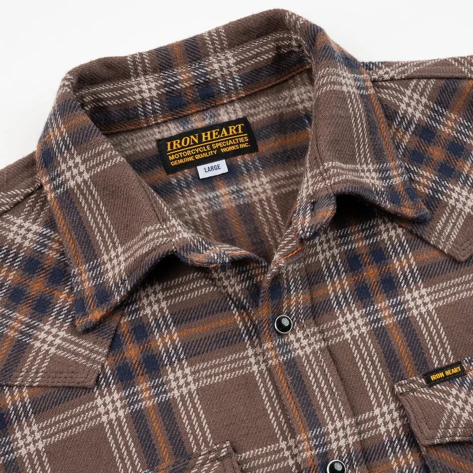 IHSH-431-BRN Slubby Heavy Flannel Check Western Shirt Brown