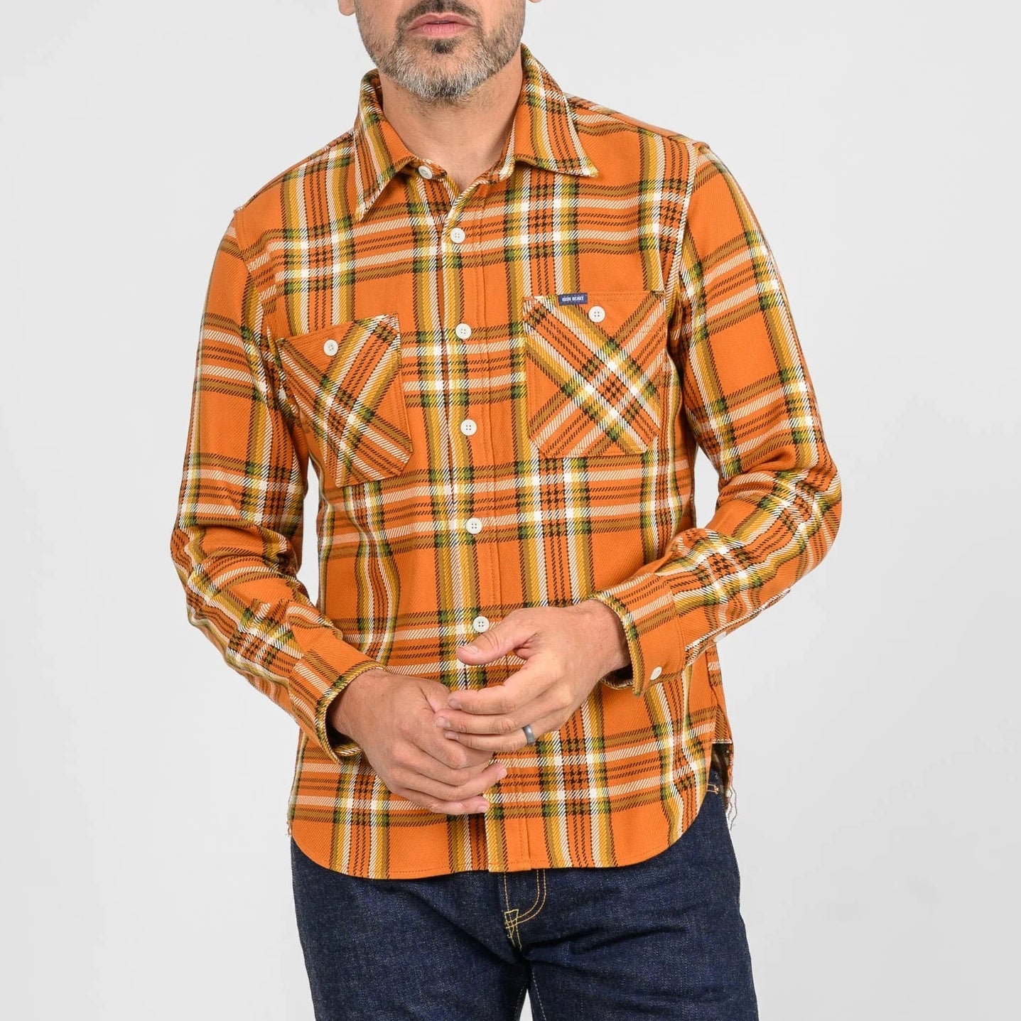 IHSH-442-ORA 9oz Selvedge Flannel Check Work Shirt Orange