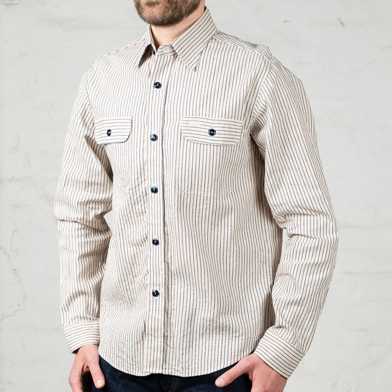 Dobby Stripe Work Shirt Off White