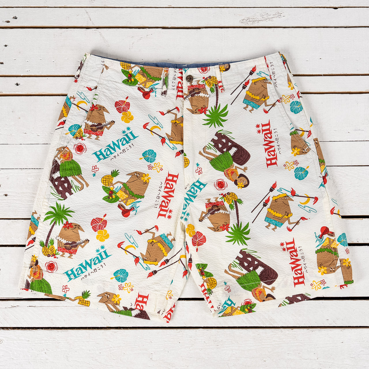 Sun Surf x Mookie Cotton Seersucker Shorts "Trip to Hawaii" Off White