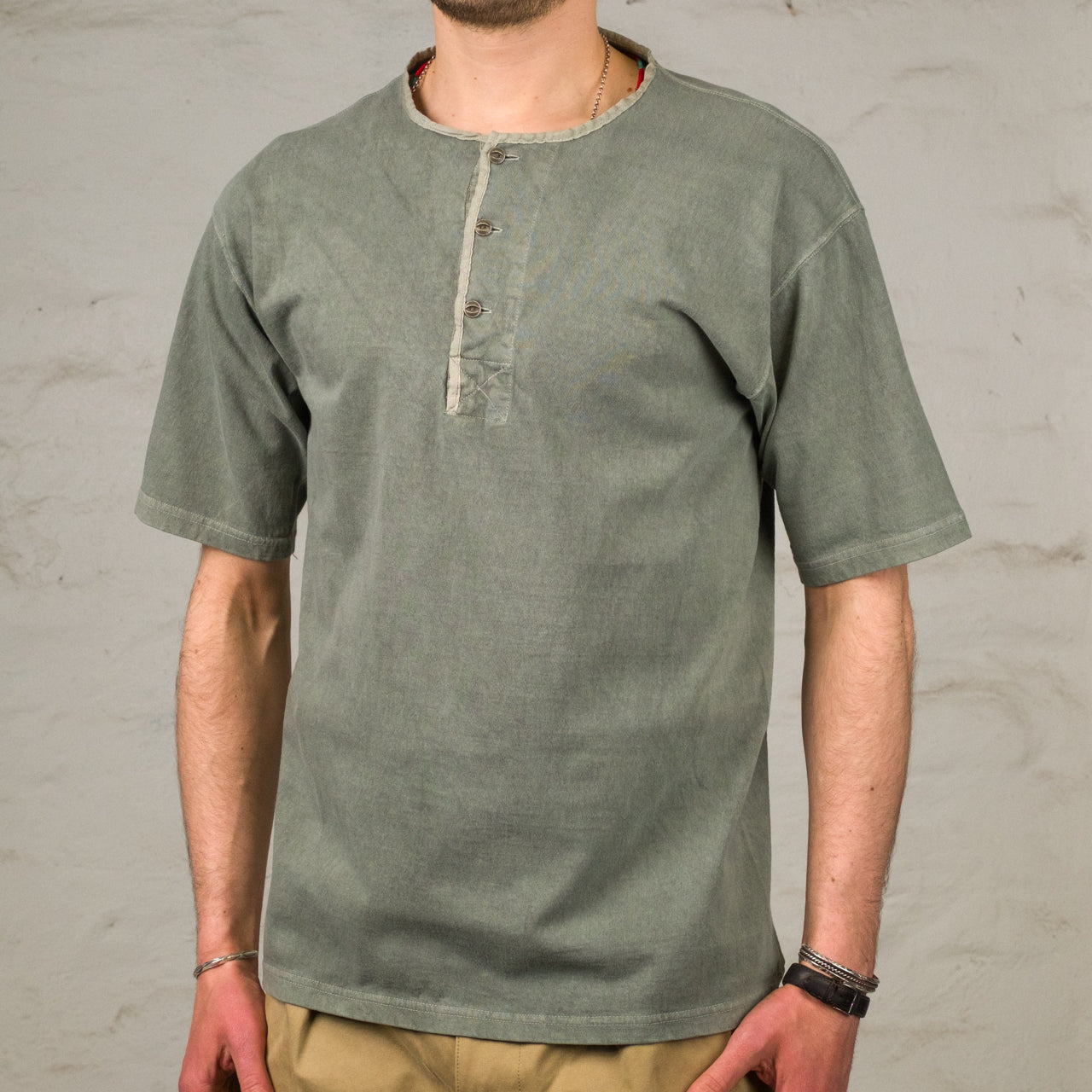 50s Henley Neck Shirt Pigment Dye Dark Green