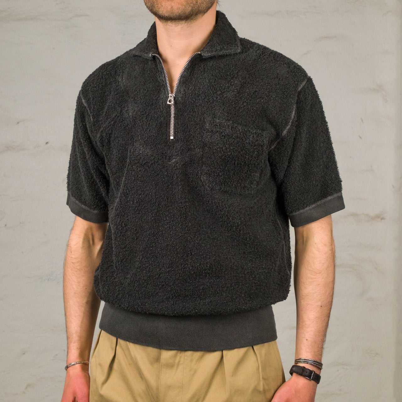 Zip Up Short Sleeve Shirt Pile Charcoal Grey