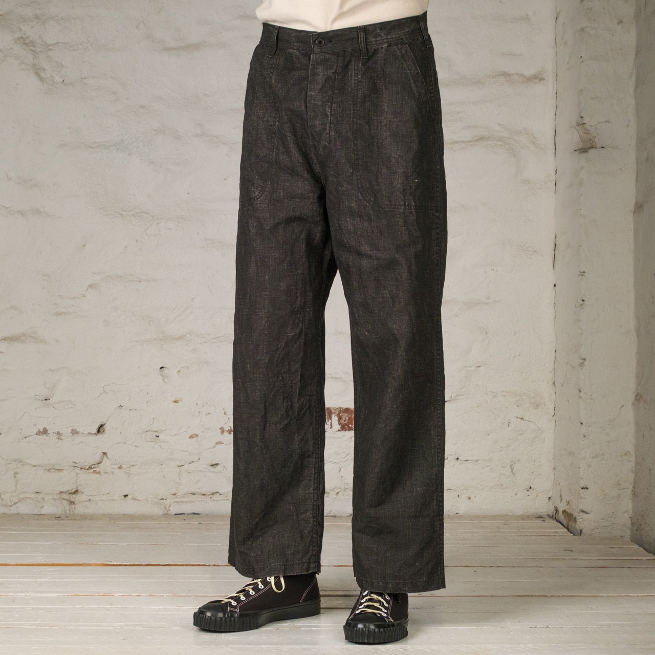 WWII 40s US Navy Sumi Coated Linen Utility Trousers Sumi Black