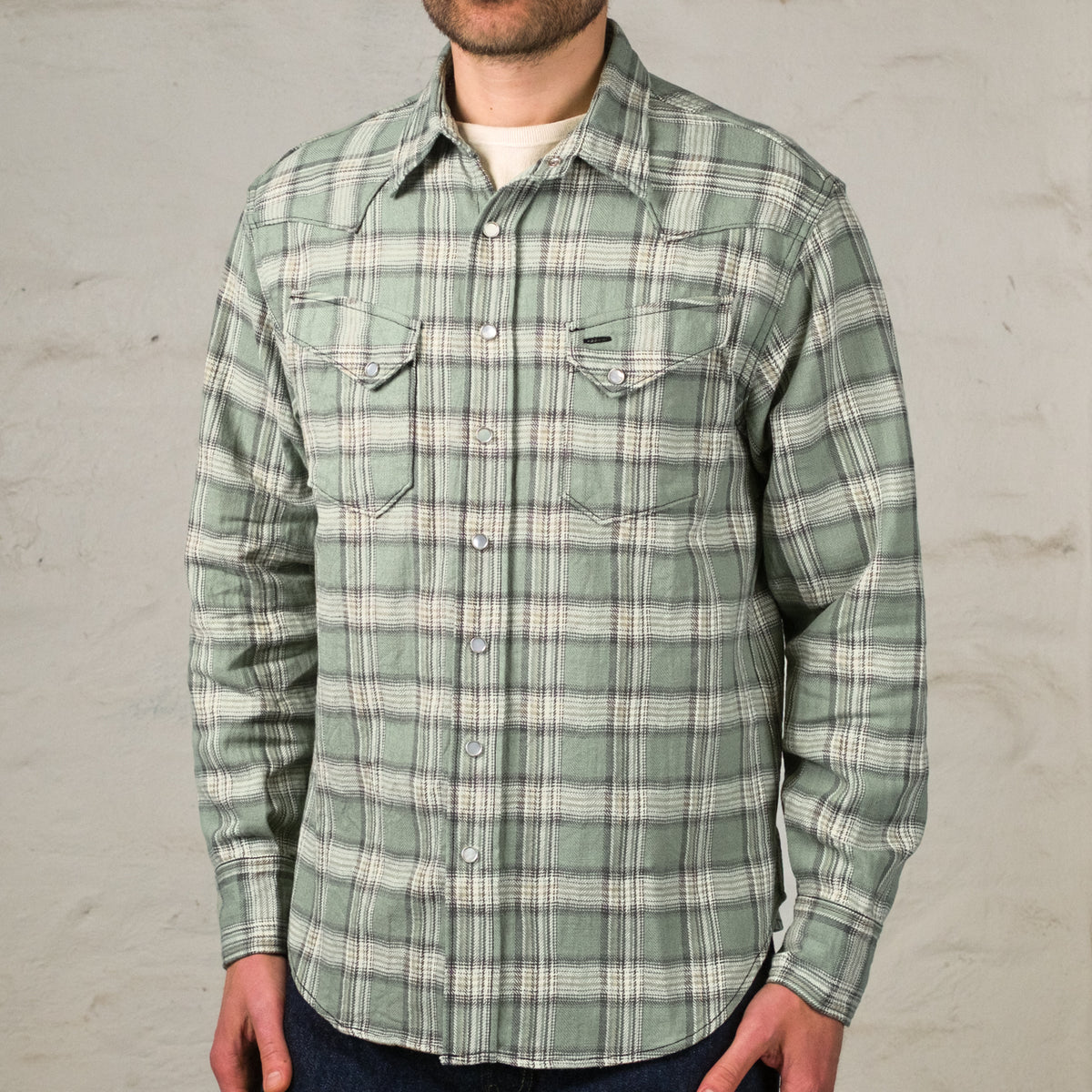 Washer Herringbone Check Western Shirt Green