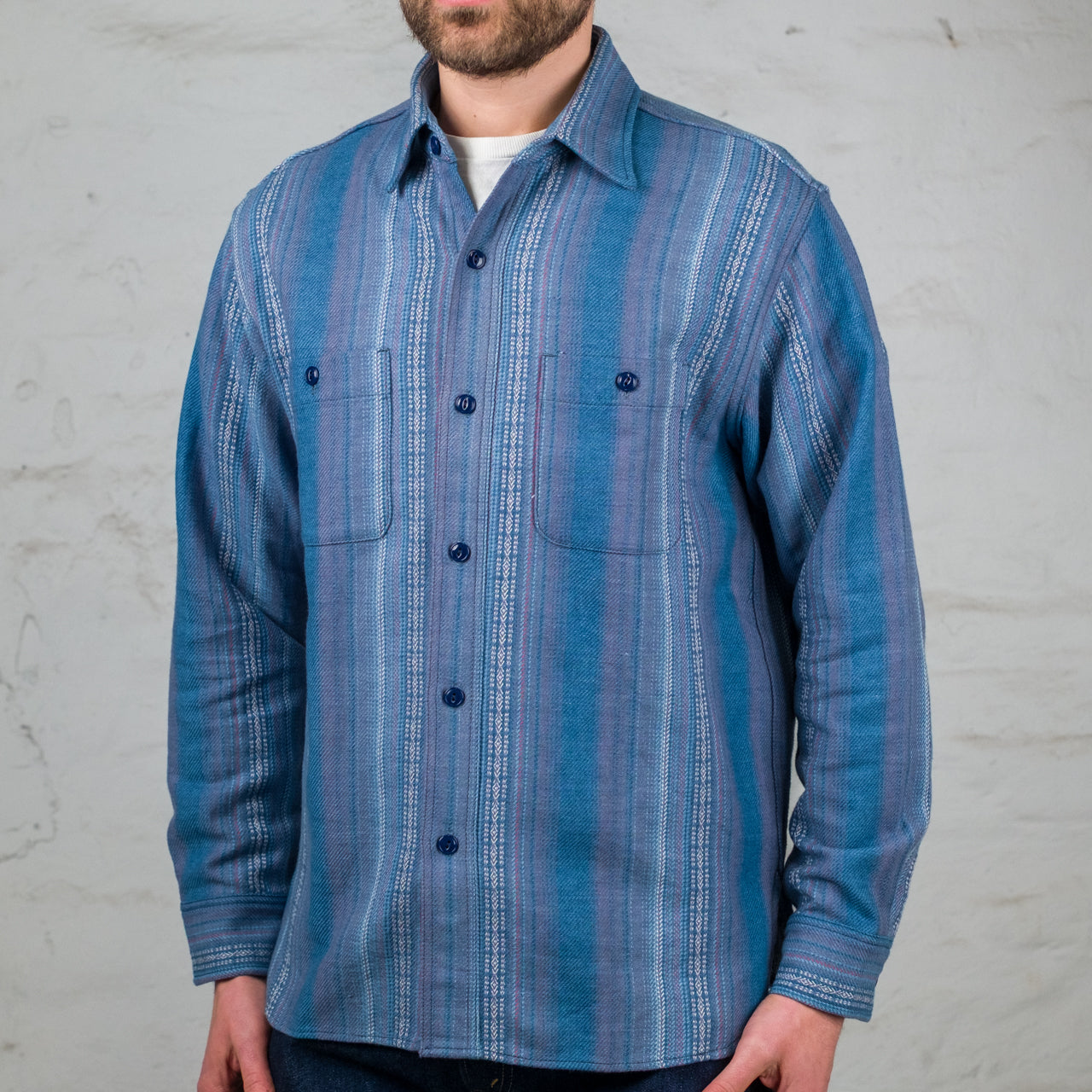 native american long sleeve dress shirts Native American Indigo Dobby Work Shirt