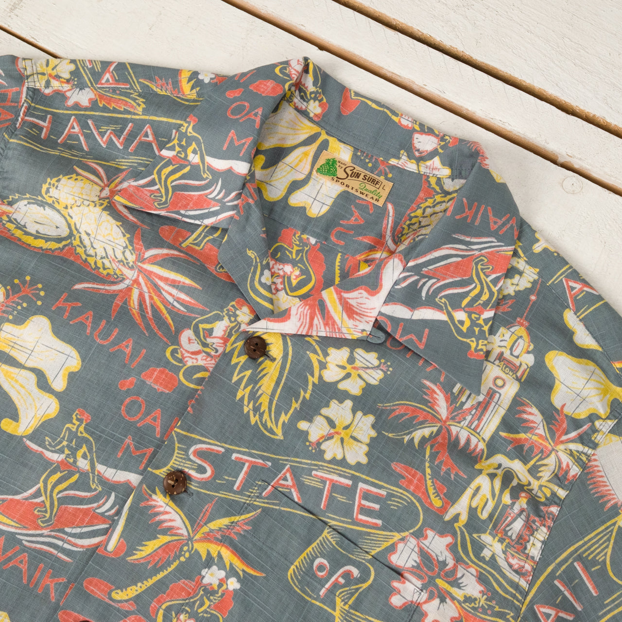 Cotton Linen Slubyarn Open Shirt "State of Hawaii" Schwarz