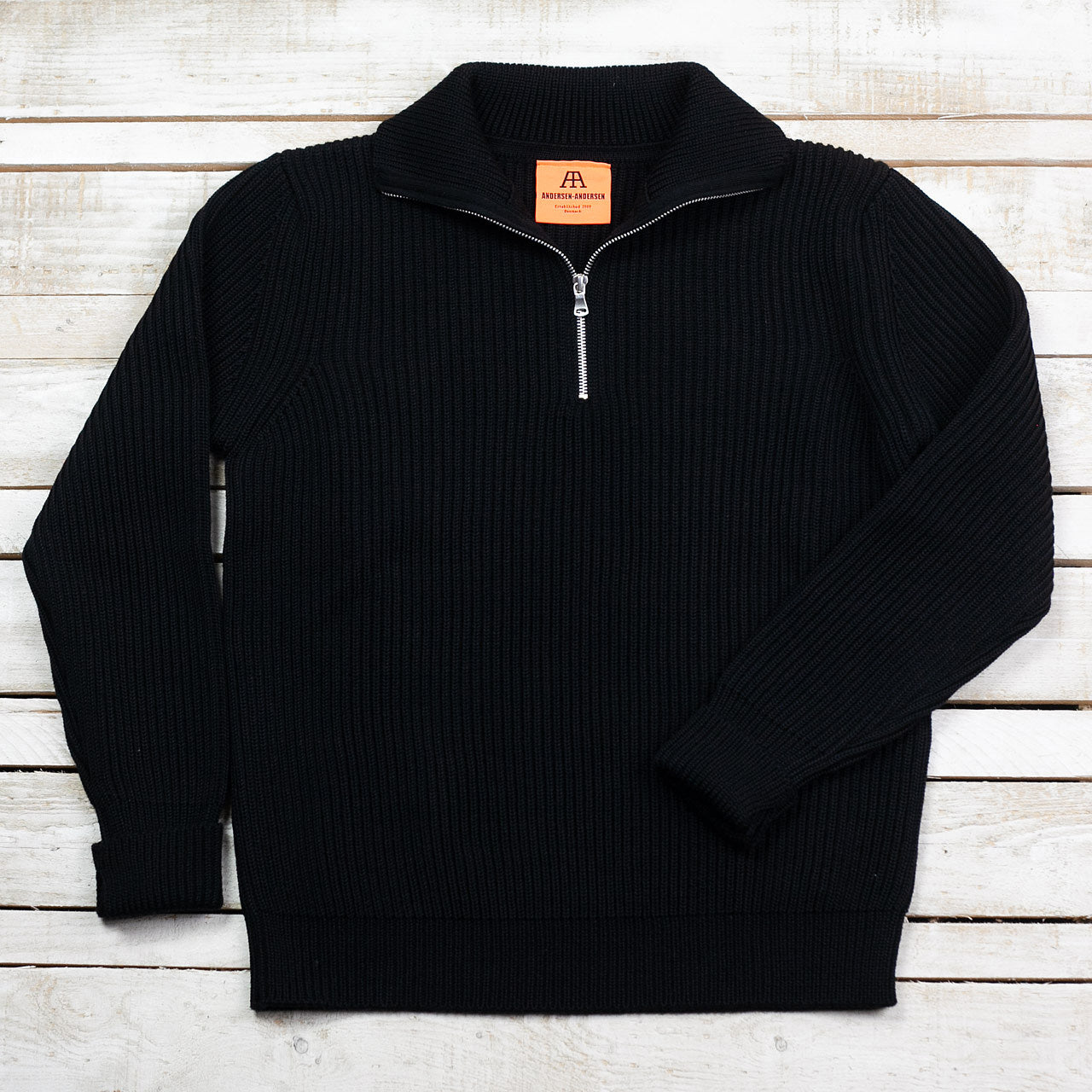 Andersen-Andersen Navy Half-Zip Pullover Schwarz, Vorderansicht flach liegend