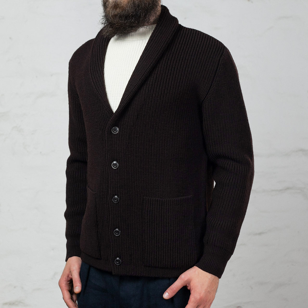 Shawl Collar Cardigan Merino Knit Braun