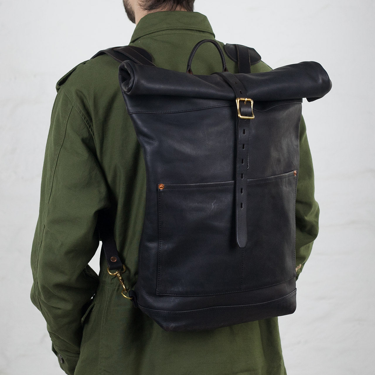 Leder Rolltop Rucksack Schwarz