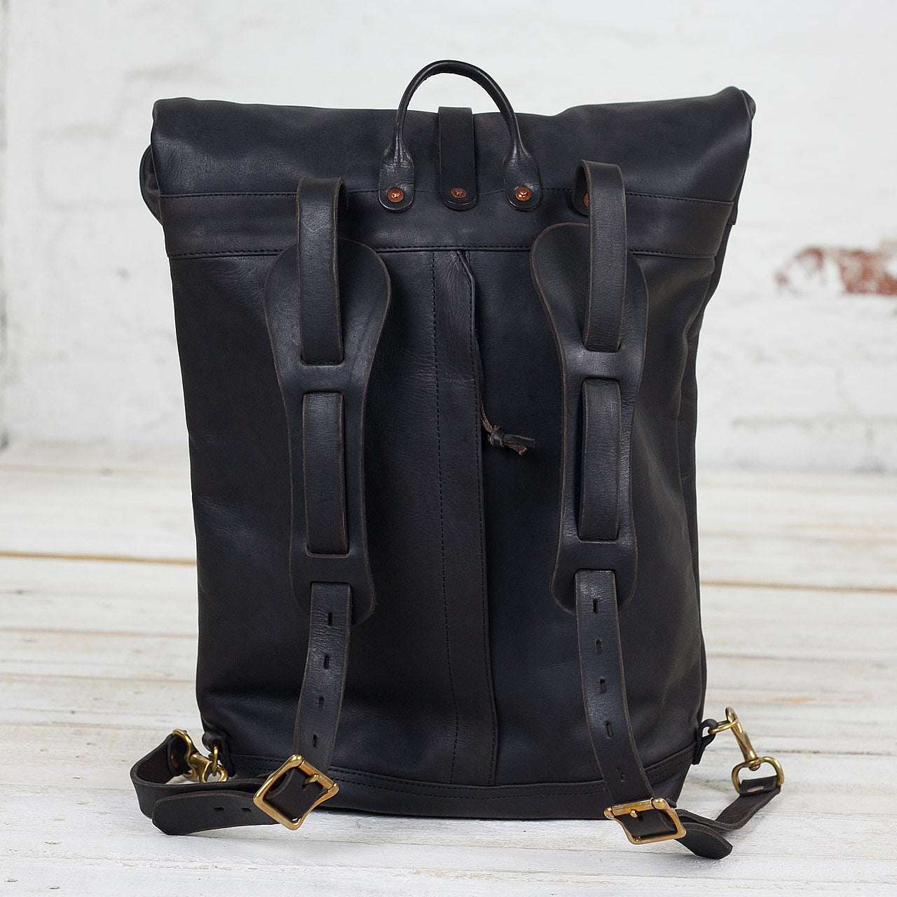 Leder Rolltop Rucksack Schwarz