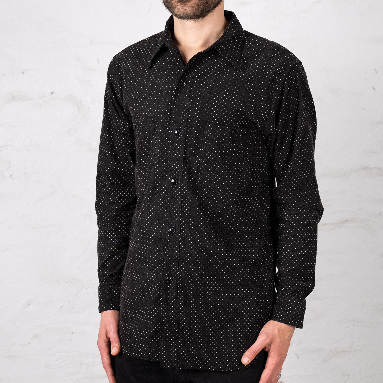 21W Micro Cord Pin Dot Open Pocket Work Shirt, Black