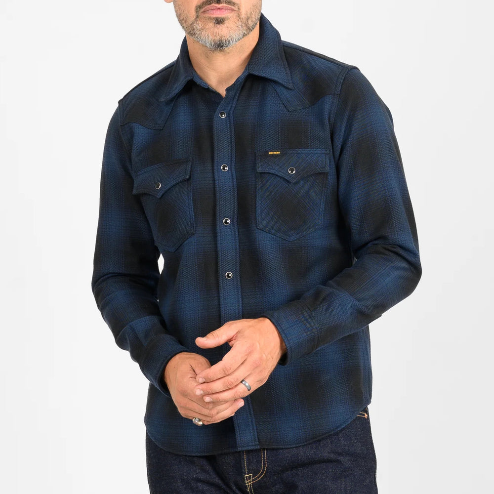 IHSH-264-NAV Chemise Western à carreaux ombrés en flanelle épaisse bleu marine