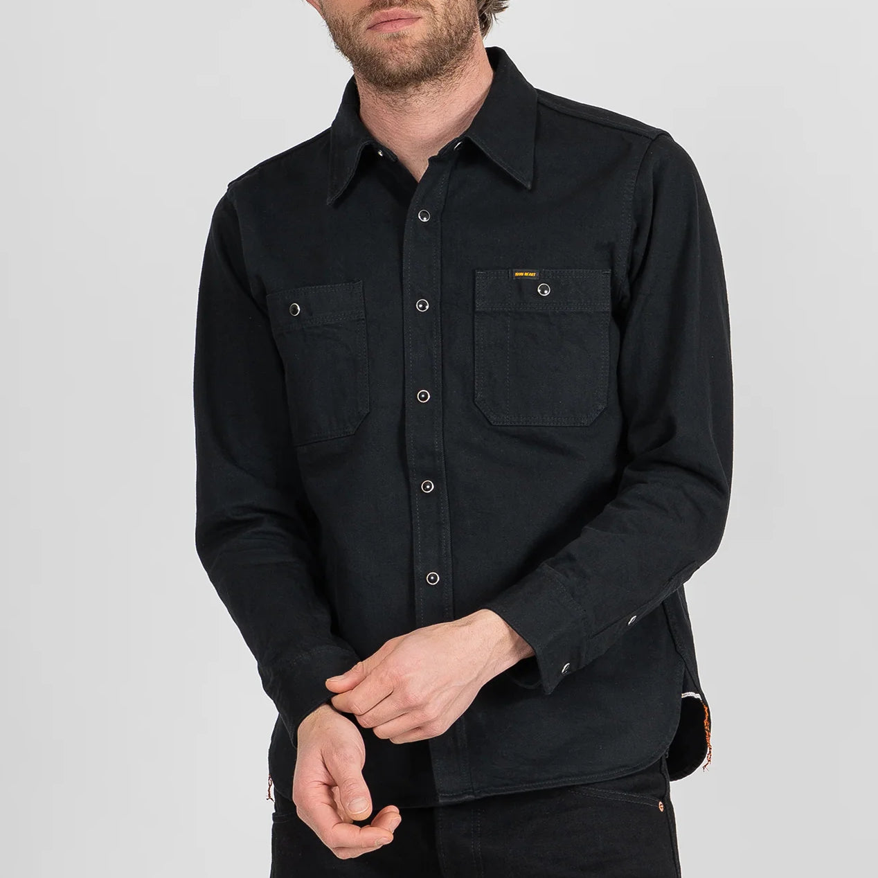 IHSH-338-BLK 12oz Selvedge Denim Work Shirt With Snaps Black