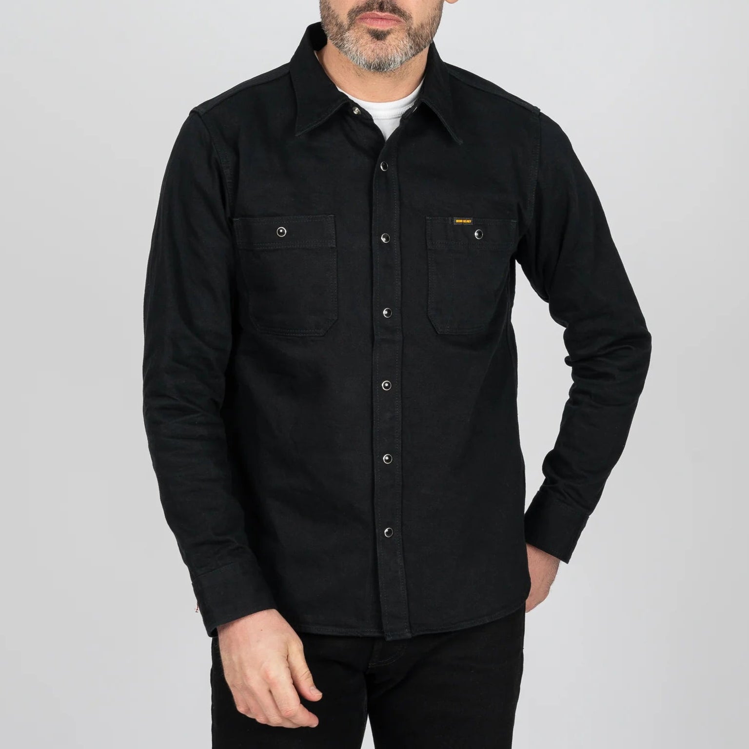 IHSH-338-BLK 12oz Selvedge Denim Work Shirt With Snaps Black