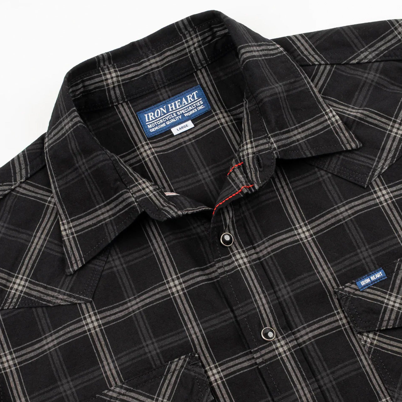 IHSH-418-BLK 5 oz. Selvedge Short Sleeved Madras Check Western Shirt Black