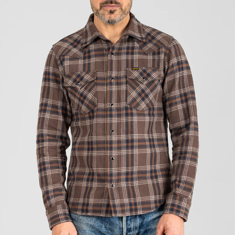IHSH-431-BRN Slubby Heavy Flannel Check Western Shirt Brown