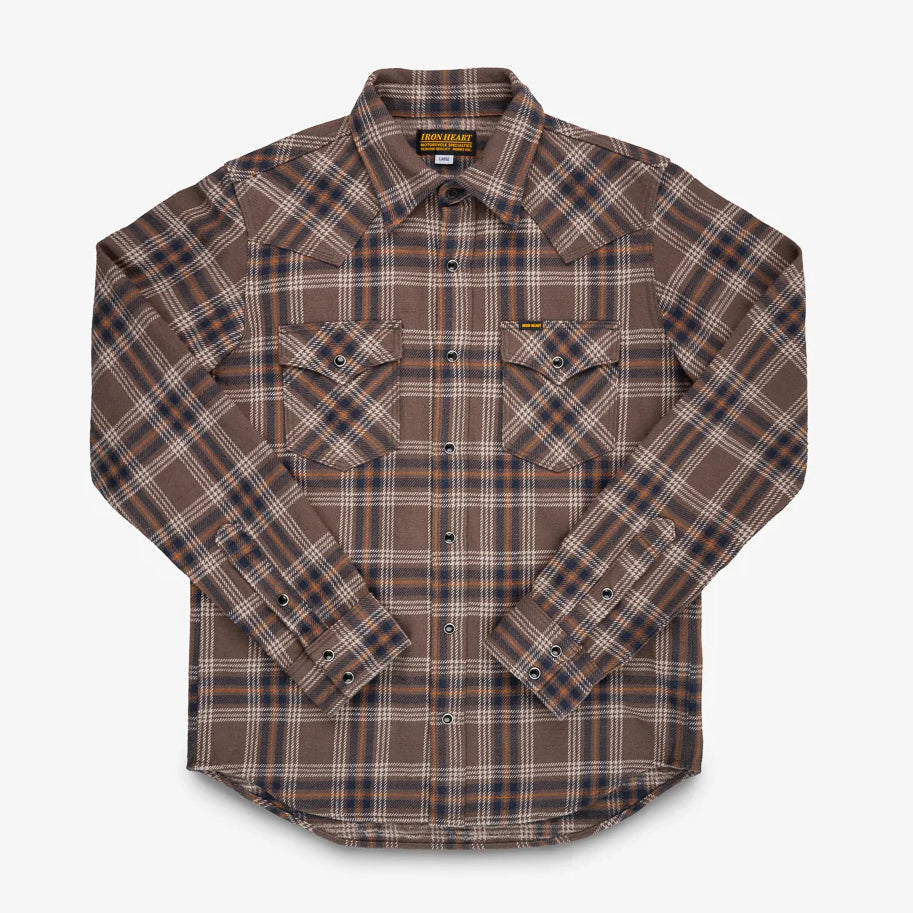 IHSH-431-BRN Slubby Heavy Flannel Check Western Shirt Brown