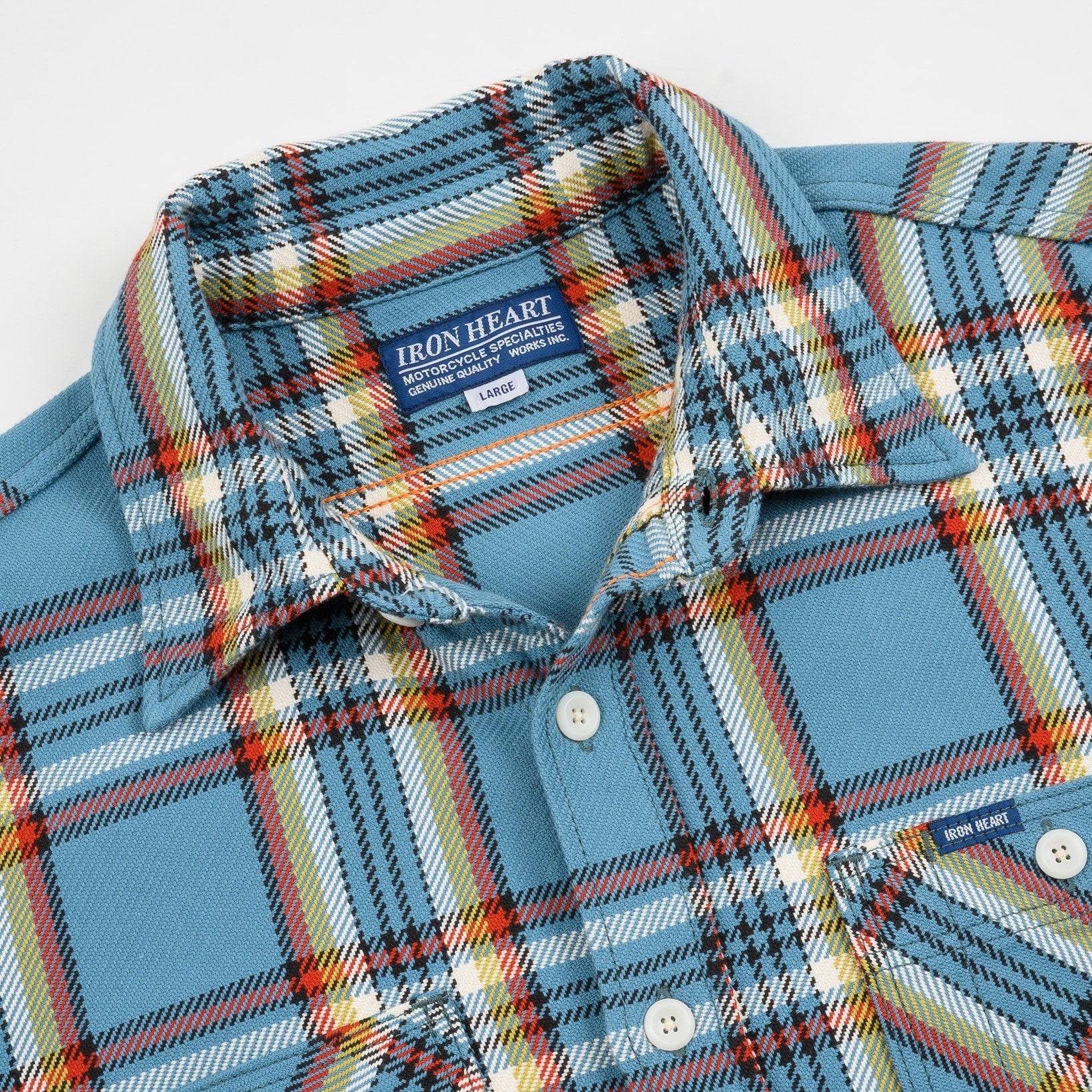 IHSH-442-SAX 9oz Selvedge Flannel Check Work Shirt Sax Blue