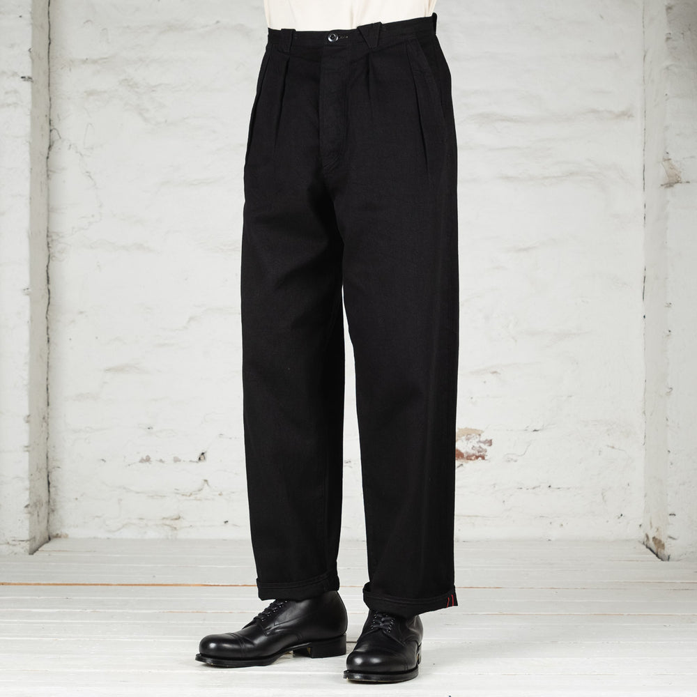 Pleat Denim Trousers Cotton Hemp Lightweight Denim Black