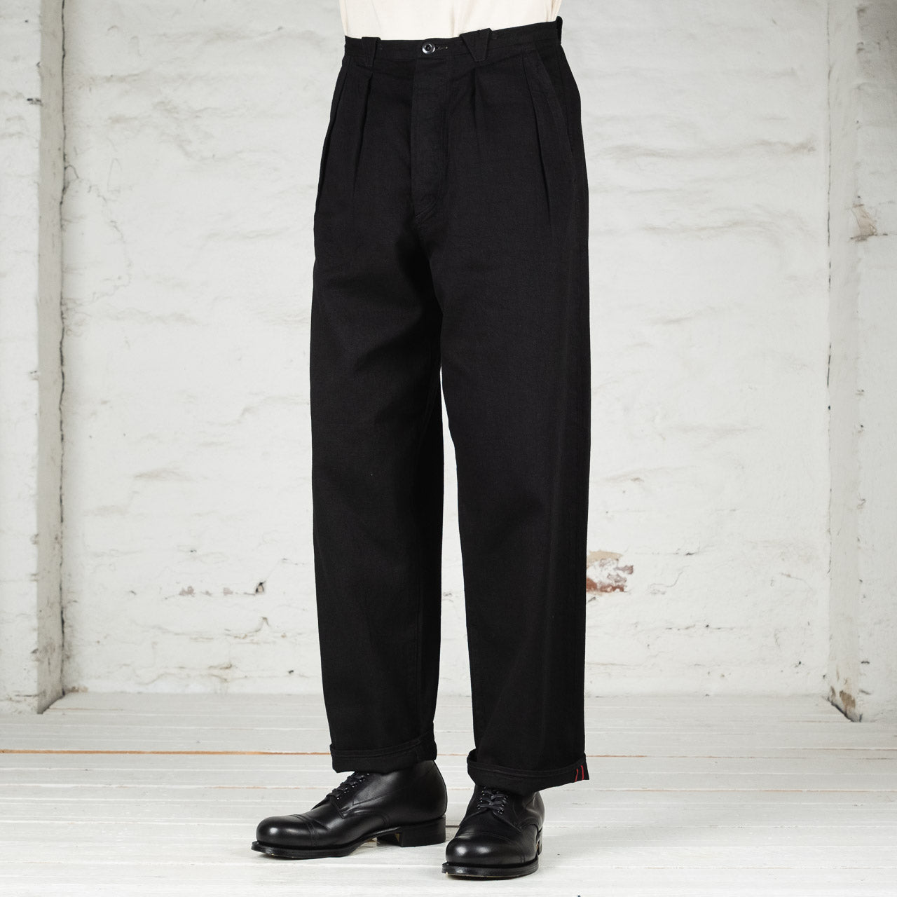 Pleat Denim Trousers Cotton Hemp Leightweight Denim Black