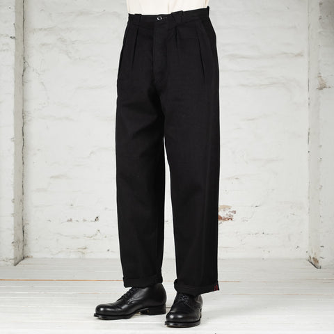 Pleat Denim Trousers Cotton Hemp Lightweight Denim Black