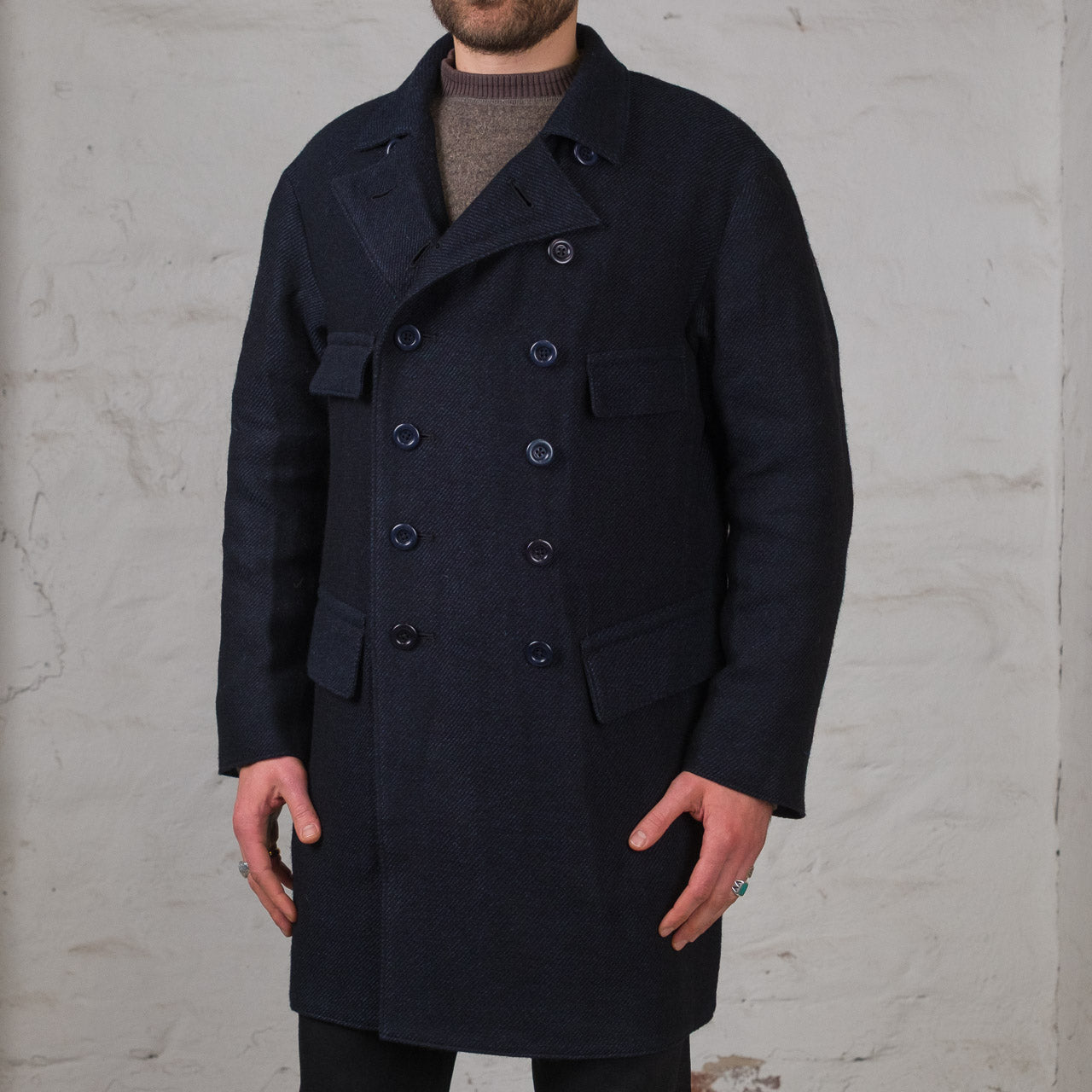 Relaxed Brigadier Coat Lovat Wool Linen Boelite Blue