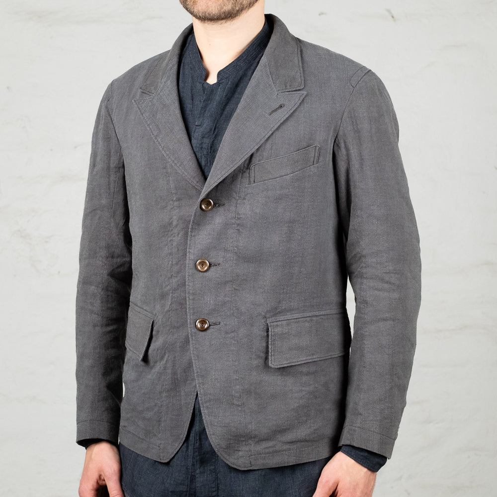 Veste droite à revers en pointe en toile de soie et chanvre ardoise
