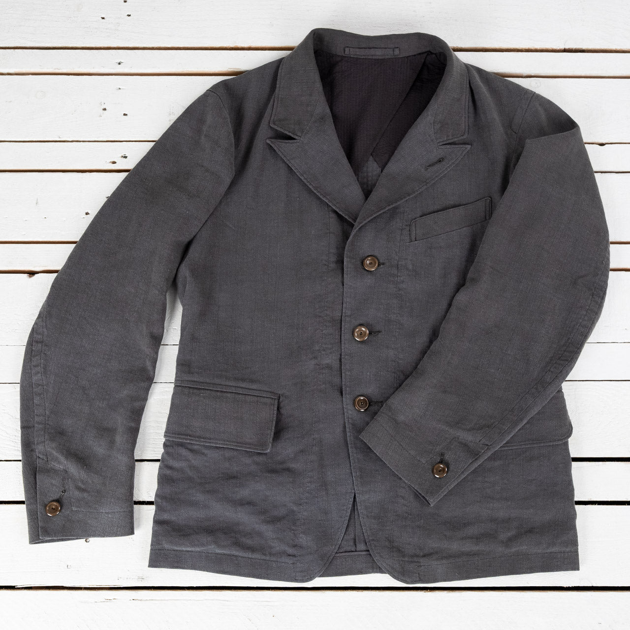 Peak Lapel Sack Jacket Silk Hemp Broadcloth Slate