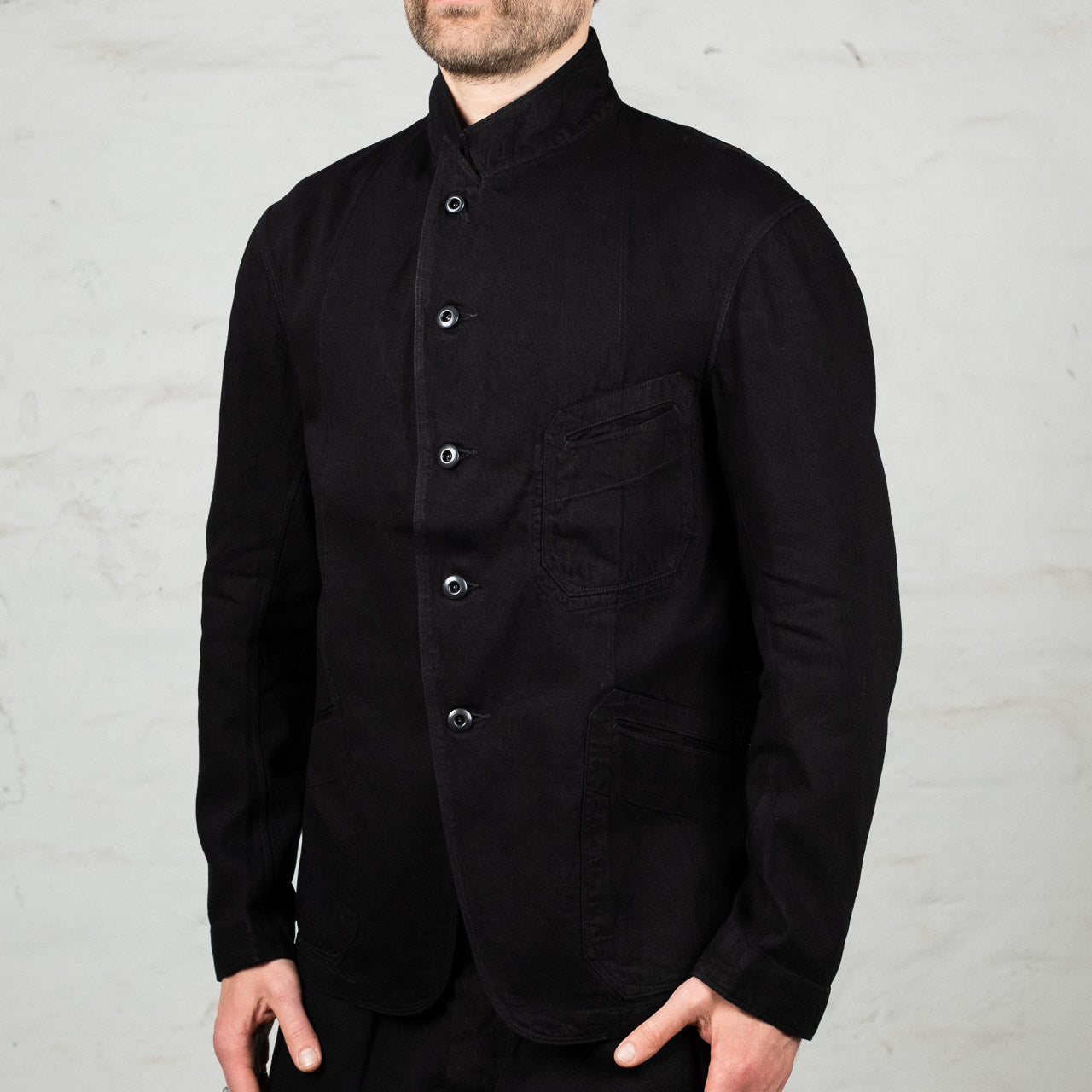 Peak Lapel Denim Lounge Jacket Cotton Hemp Lightweight Denim Black