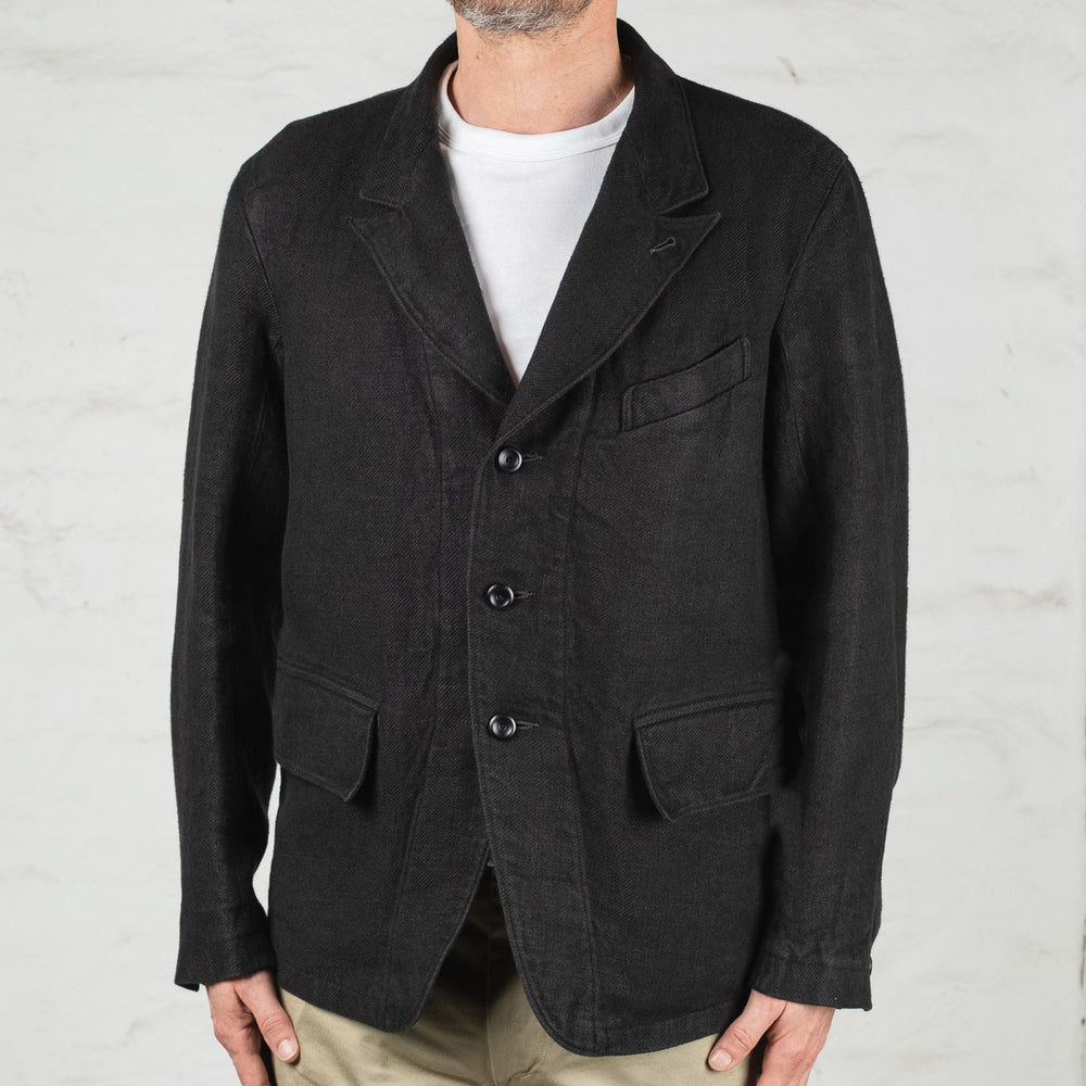 Peak Lapel Sack Jacket Overdyed Raw French Linen Black