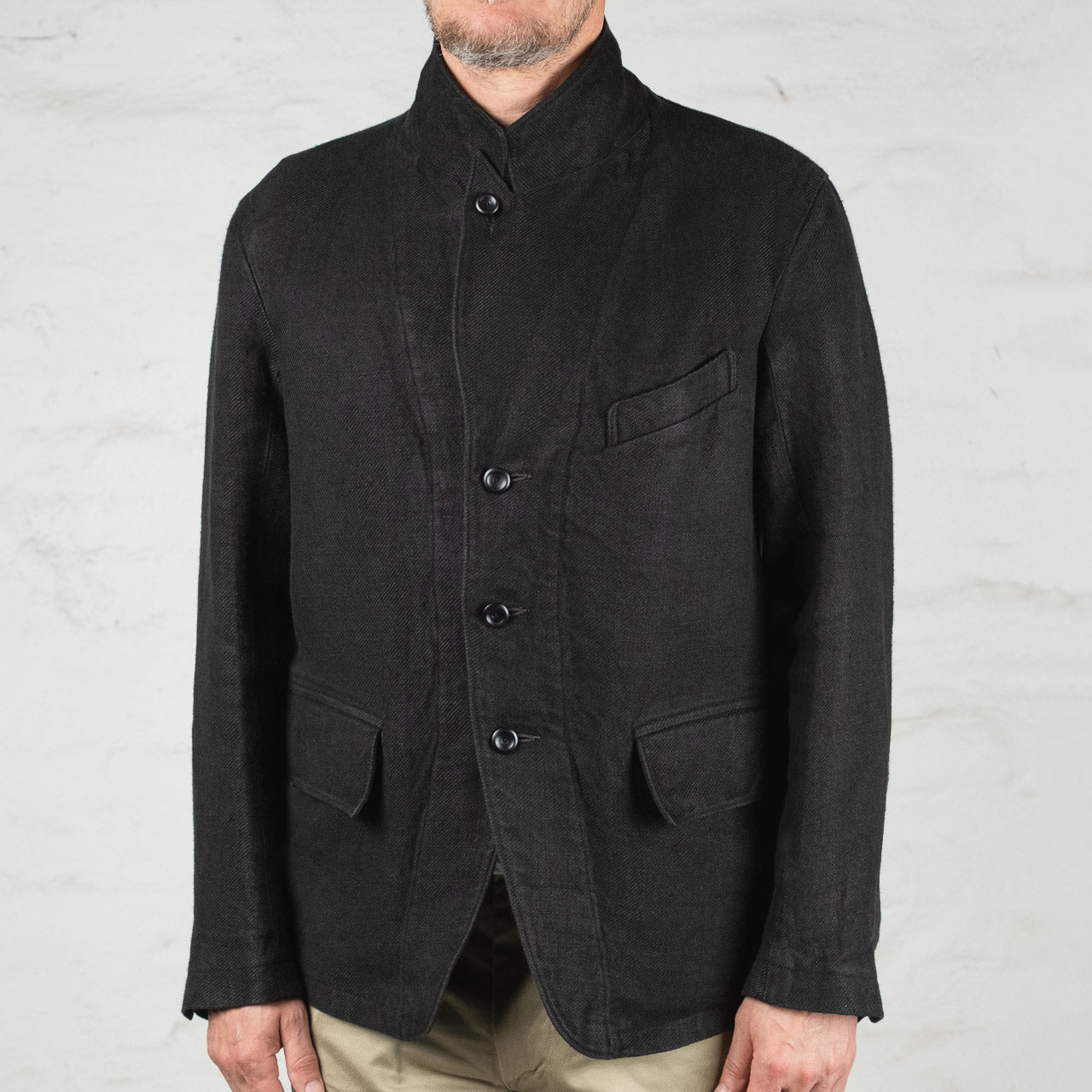 Peak Lapel Sack Jacket Overdyed Raw French Linen Schwarz
