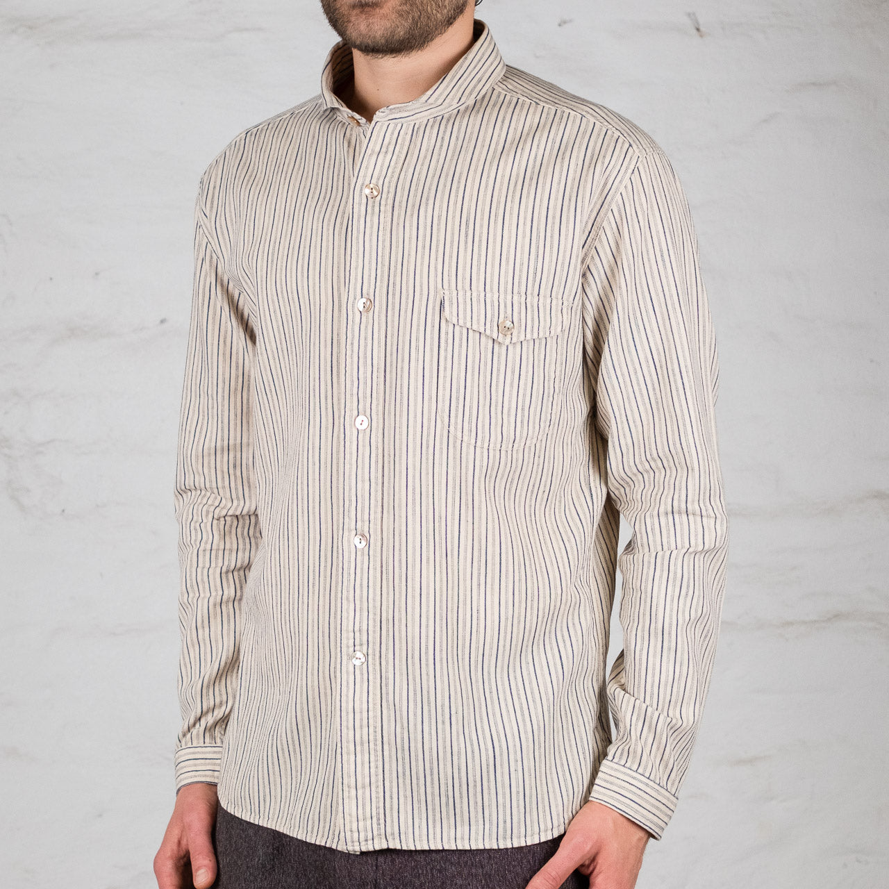 Shawl Collar Shirt Indigo Stripe