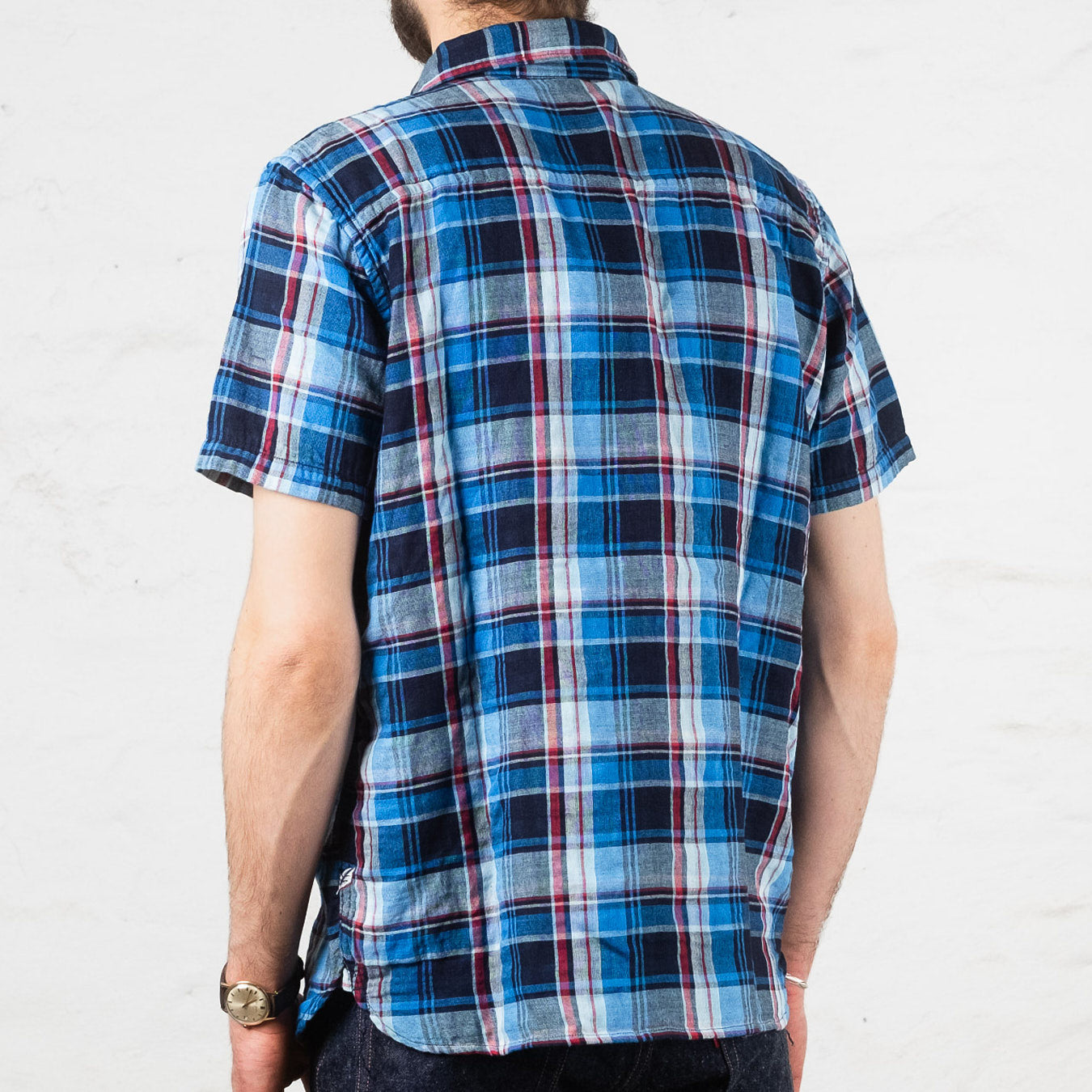 【BAON】[unisex] Arima color pocket check over S/S SH Pure Blue Japan SS-2217 Double Gauze Check Short Sleeve