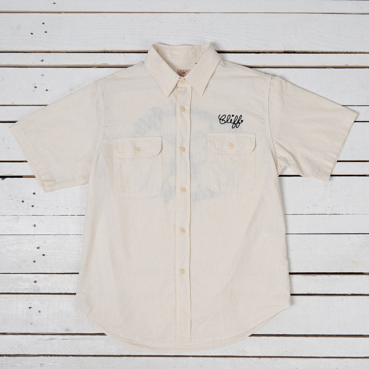 Chambray Shirt S/S Chain Embroidered Off White