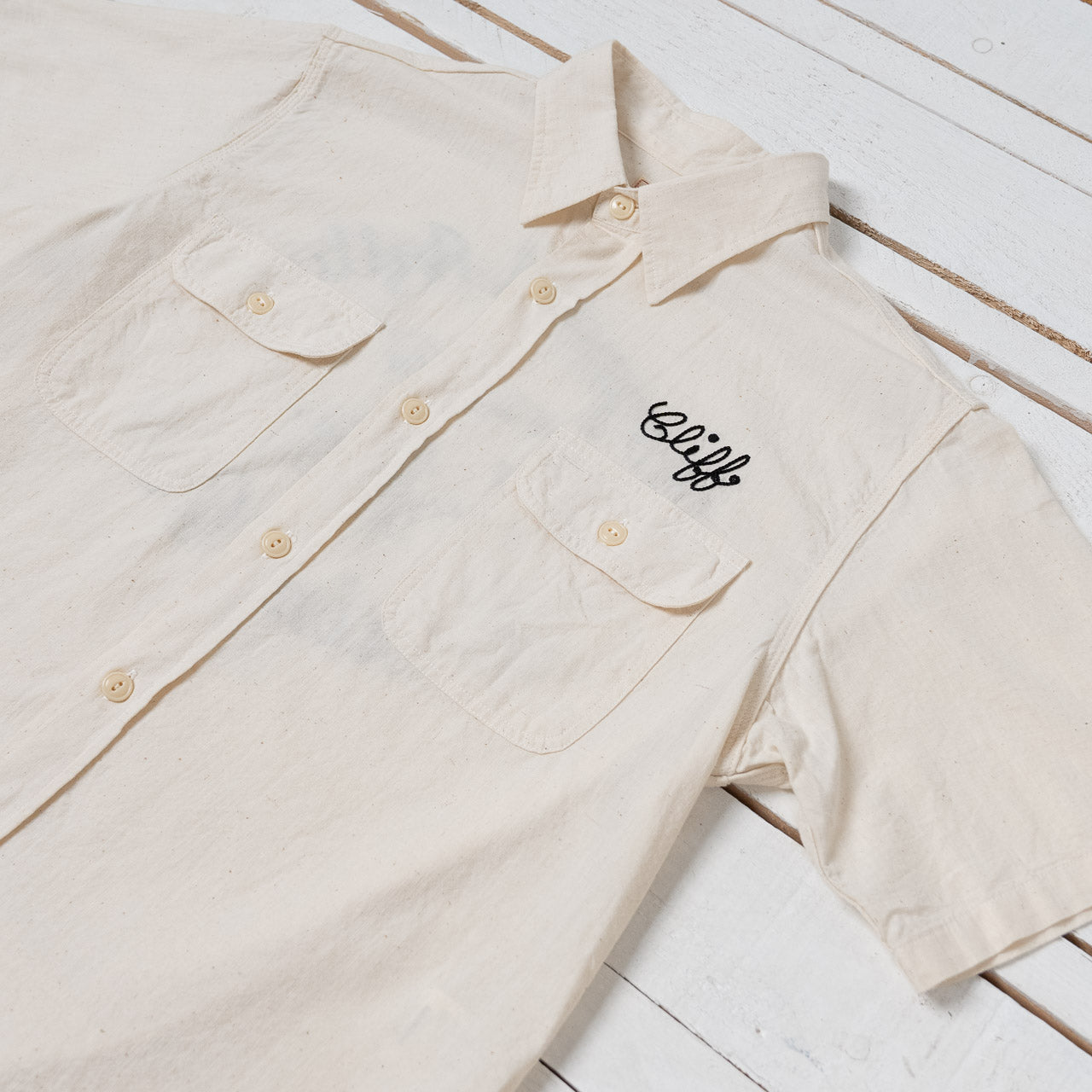 Chambray Shirt S/S Chain Embroidered Off White