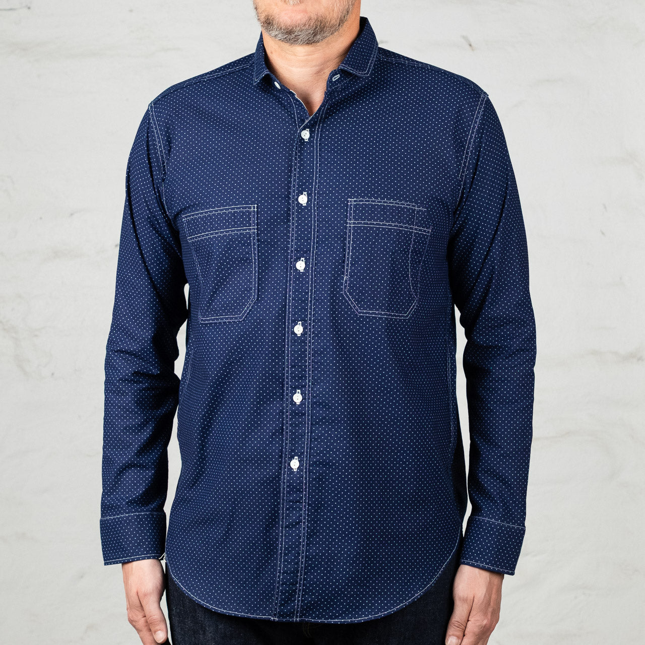 Wabash Dot Print Shirt Round Collar Indigo