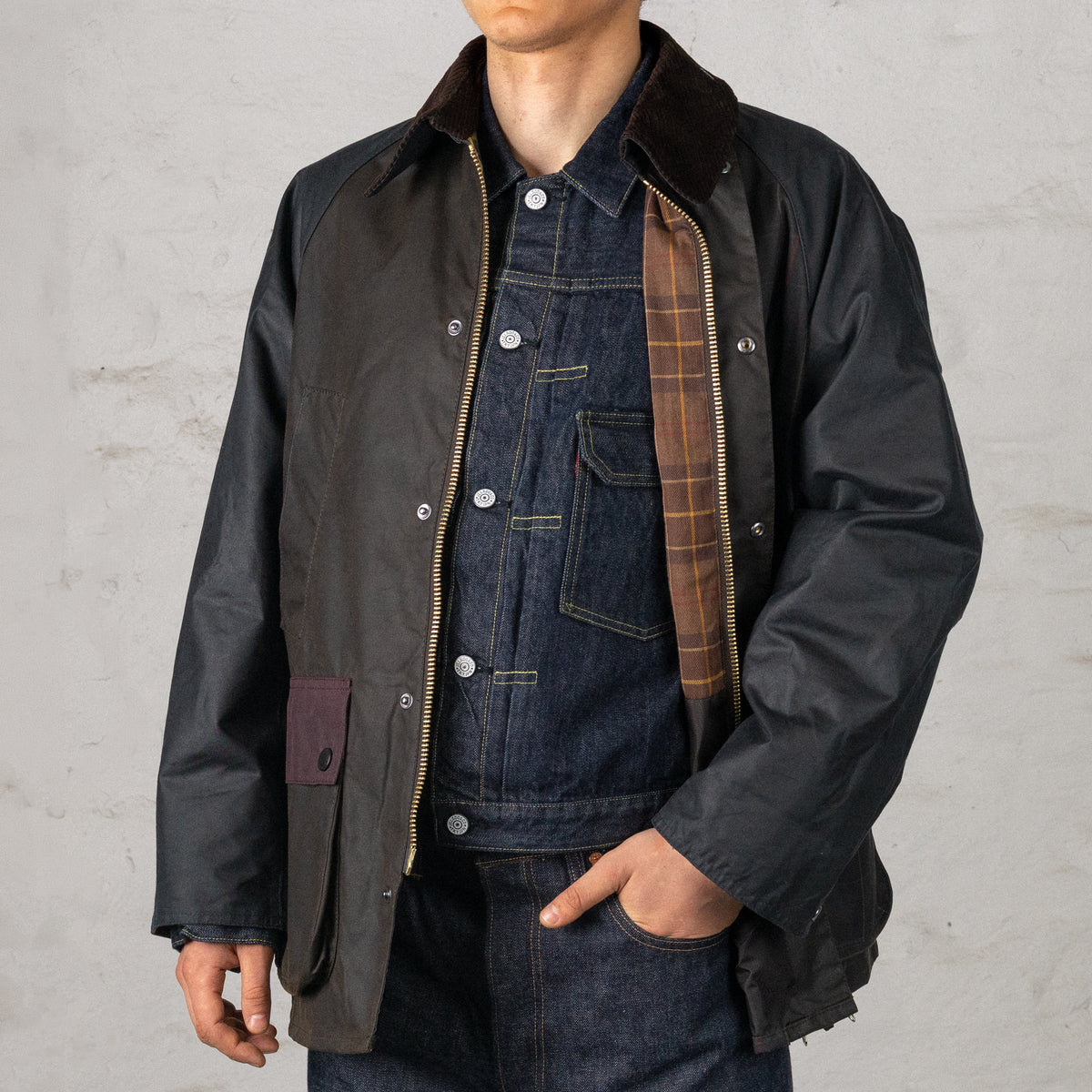 Veste Bedale Oversized à empiècements tartan cirés