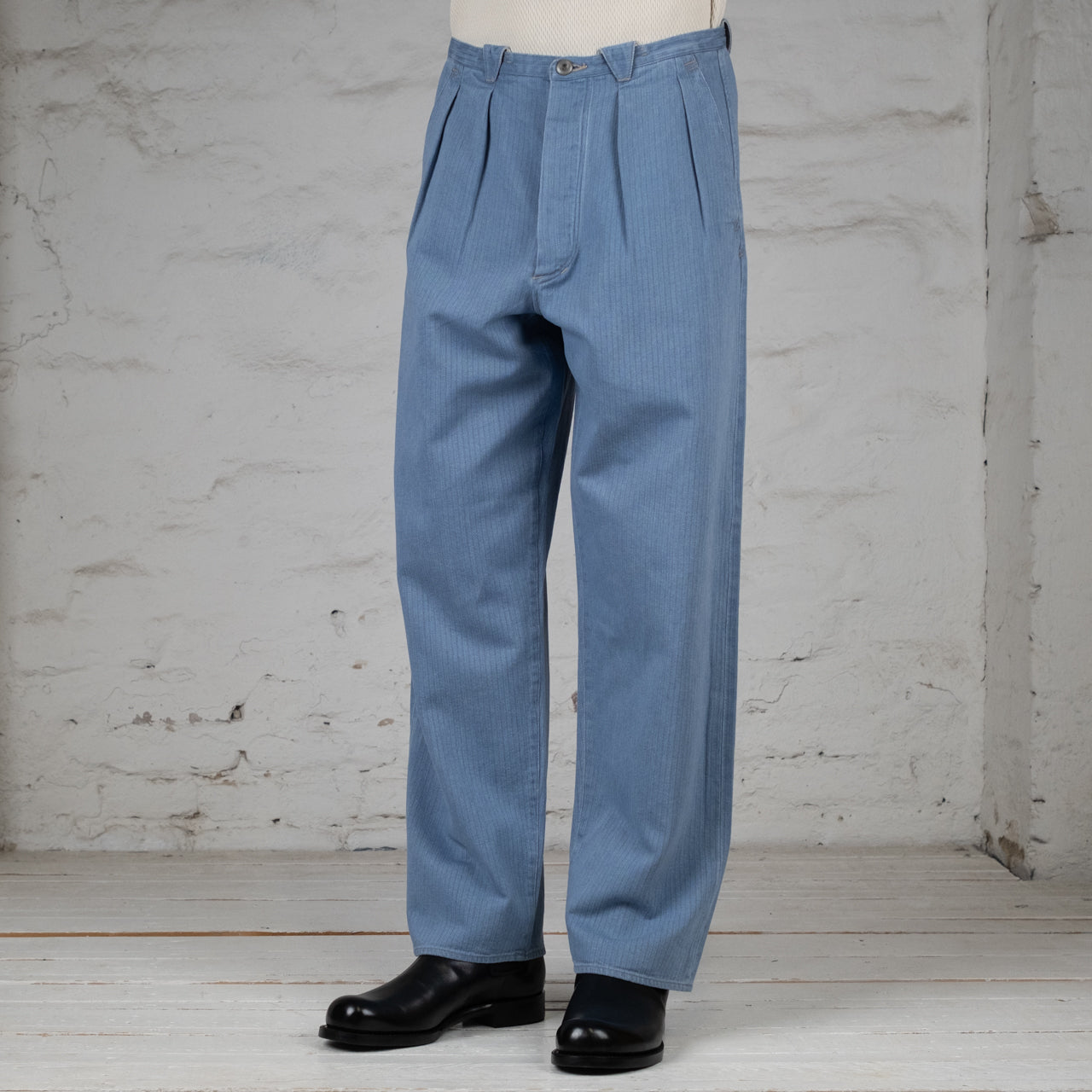 Pleat Denim Trousers Lightweight Herringbone Denim Light Indigo