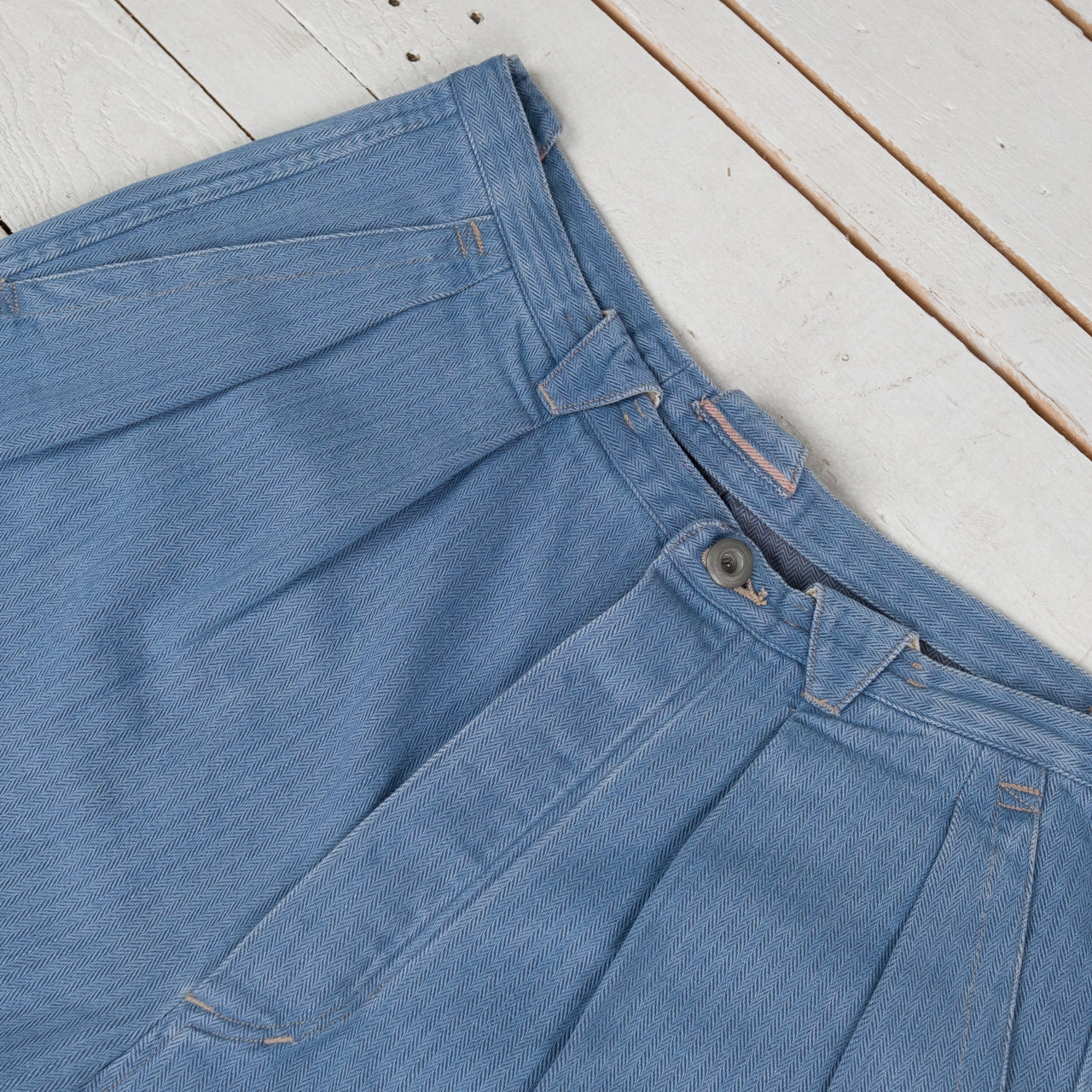 Pleat Denim Trousers Lightweight Herringbone Denim Light Indigo