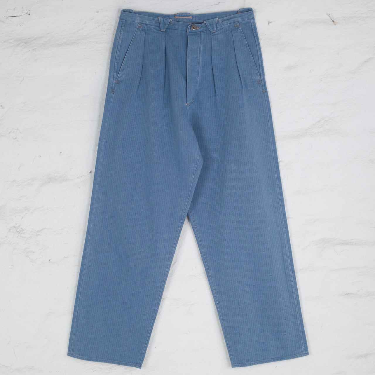 Pleat Denim Trousers Lightweight Herringbone Denim Light Indigo