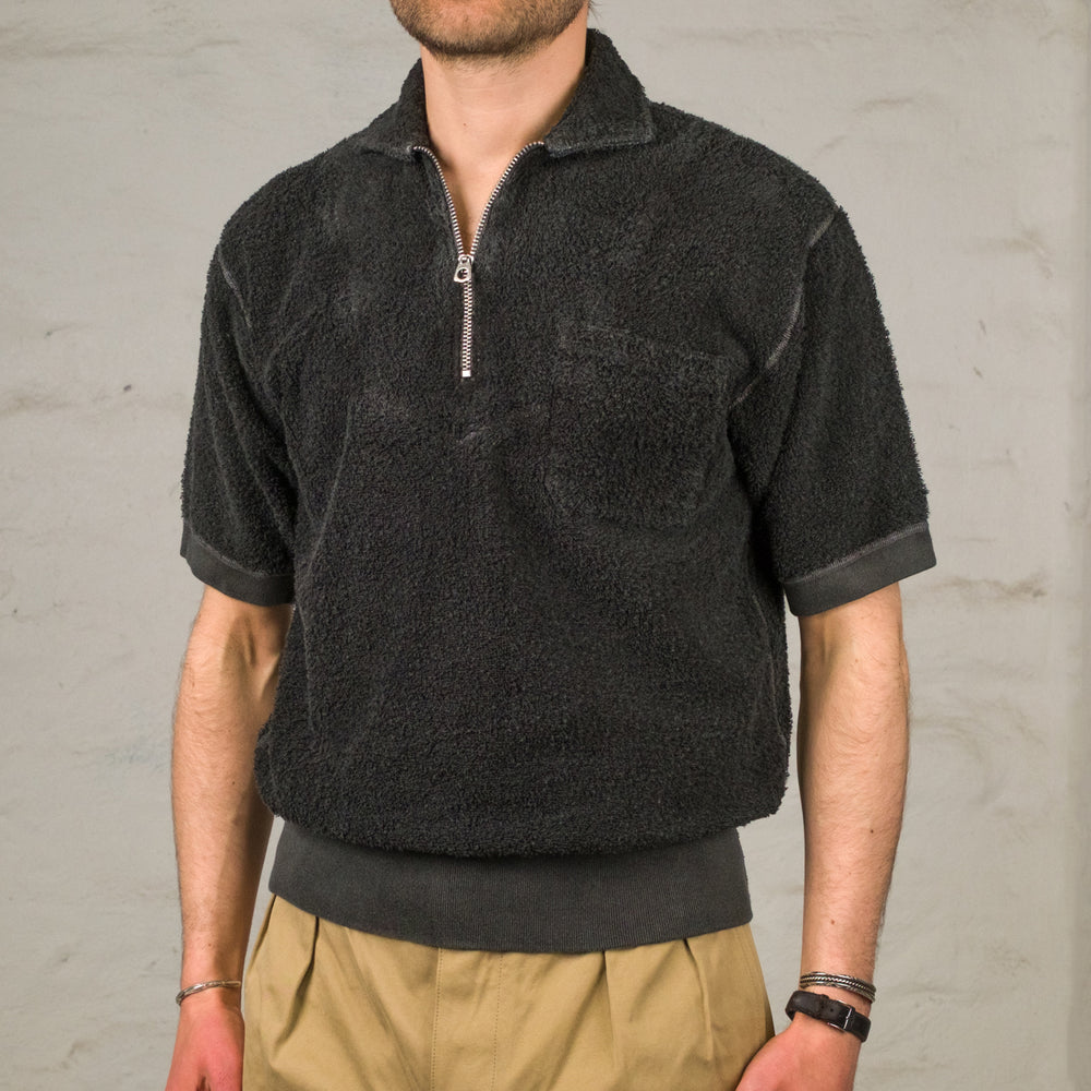 Zip Up Short Sleeve Shirt Pile Charcoal Grey