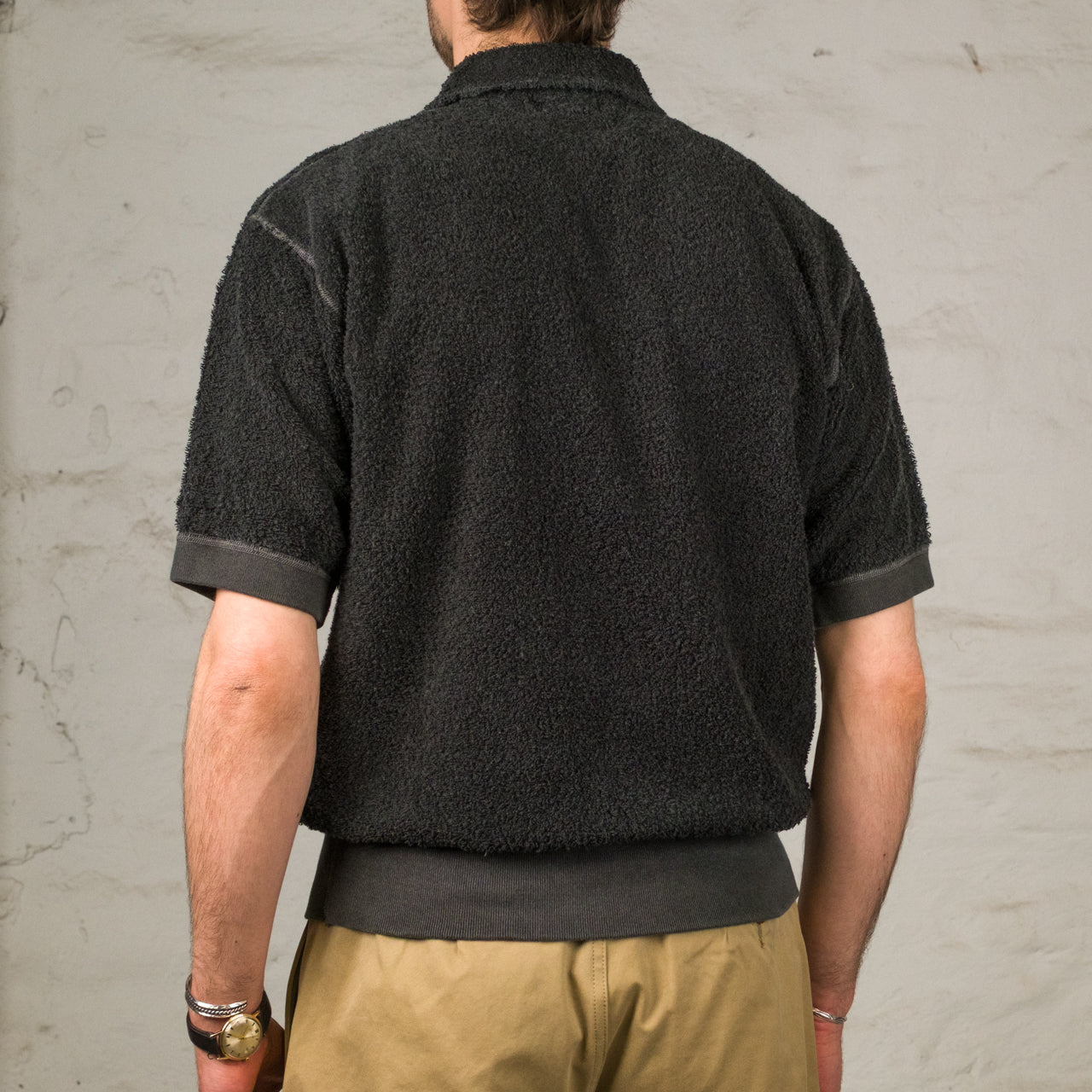 Zip Up Short Sleeve Shirt Pile Charcoal Grey