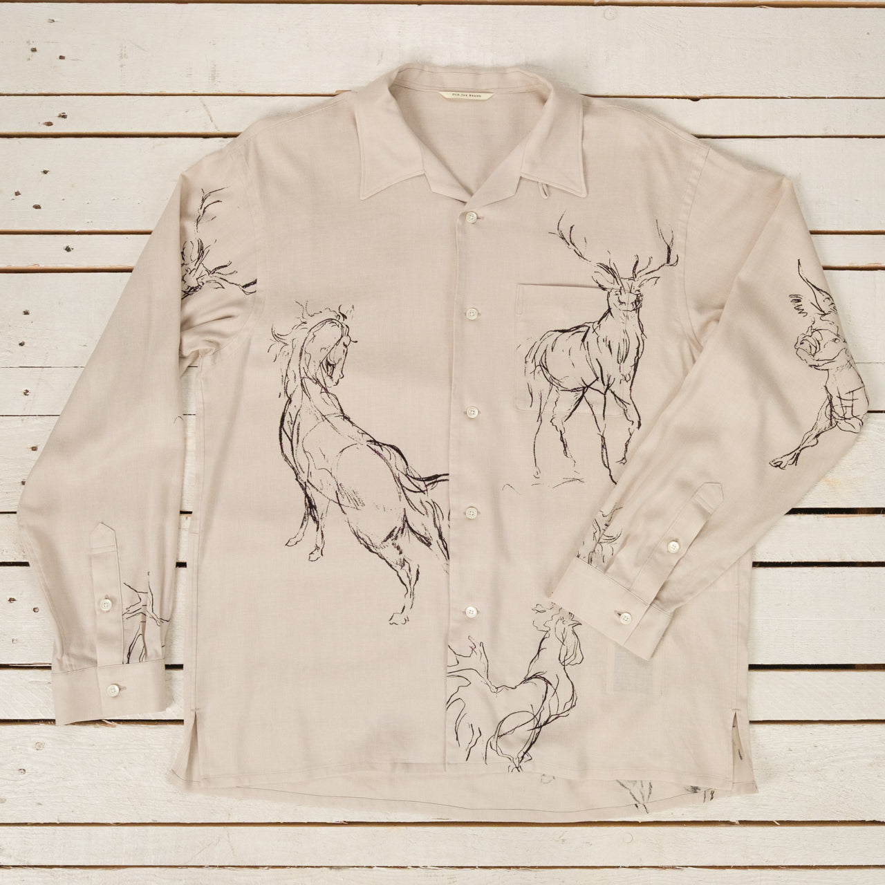 Printed Open Collar Shirt Animal Drawing Ivory