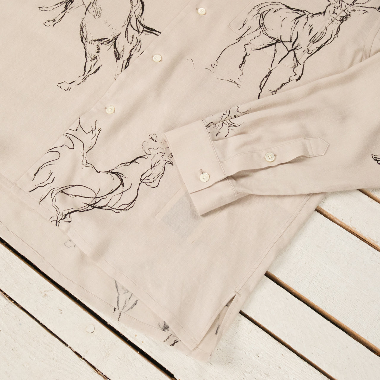 Printed Open Collar Shirt Animal Drawing Ivory