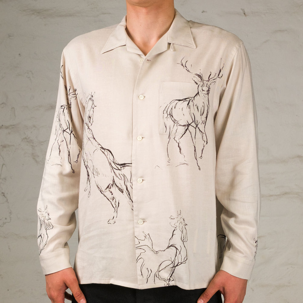 Printed Open Collar Shirt Animal Drawing Ivory