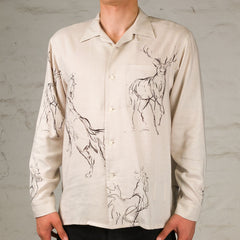 Printed Open Collar Shirt Animal Drawing Ivory
