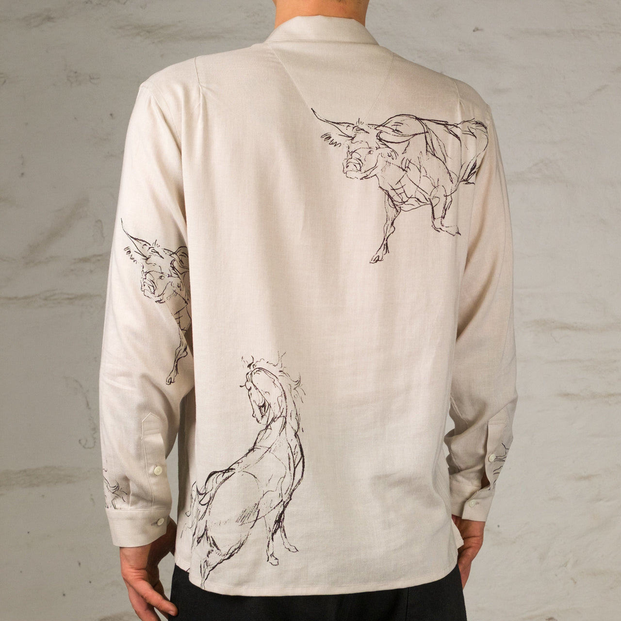 Printed Open Collar Shirt Animal Drawing Ivory